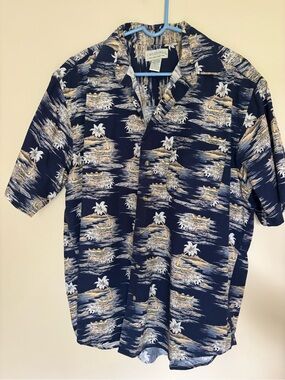 Crossings Navy Palm-Print Short Sleeve Button-Down Shirt